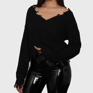 Black V-neck Ribbed Raw edge Crop Sweater Small